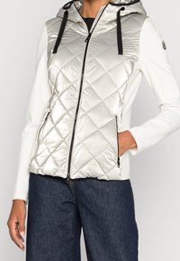 Stříbrná prošívaná vesta s kapucí, černými detaily a zipy, v kombinaci s bílým tričkem s dlouhým rukávem a tmavými džínami.