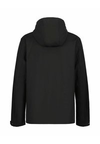 Chaqueta negra con capucha de acabado suave y mate. Presenta mangas largas y corte recto. Diseño simple sin patrones o adornos visibles.