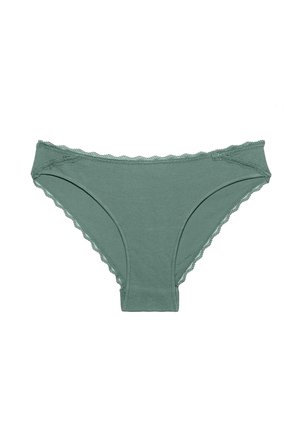 Cotton bikini-style underwear in muted green with scalloped lace trim along the waistband and leg openings. Smooth texture, minimal seams.