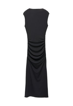 Rochie neagră cu detalii pliate pe lateral, confecționată dintr-un material moale. Prezintă mâneci scurte și o siluetă elegantă, până la genunchi.