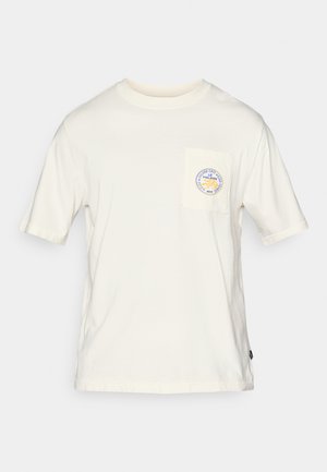 Short-sleeve white cotton t-shirt with a pocket featuring a circular blue and yellow logo. Soft texture, classic fit, and crew neck design.