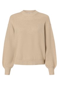 Beige gebreide trui met hoge hals en gedropte schouders. Heeft een geribbelde textuur en lange, iets opgeblazen mouwen.