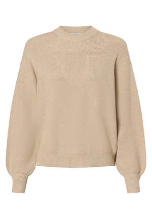Beige strikkegenser med høy hals og droppede skuldre. Har ribbestruktur og lange, litt puffede ermer.