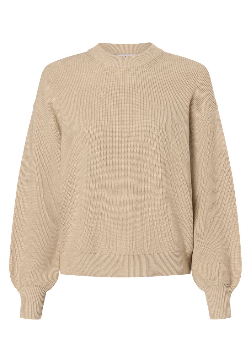 Beige gebreide trui met hoge hals en gedropte schouders. Heeft een geribbelde textuur en lange, iets opgeblazen mouwen.