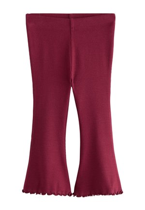 Bordeauxrode geribbelde gebreide kinderbroek met aansluitende wijde pijpen en gerimpelde zoom, ontworpen voor comfort en stijl.