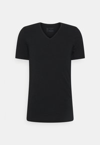 Svart kortermet t-skjorte med V-hals, laget av mykt stoff, med et enkelt design uten synlige mønstre eller detaljer.