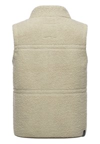 Cremfarbener Fleece-Westen mit hohem Kragen, strukturiertem Oberflächenmaterial und Nahtdetails im Rückenbereich. Verfügt über ein kleines Logo nahe dem Saum.