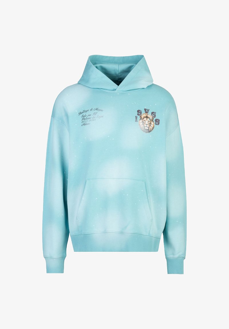 Hellblaues Kapuzensweatshirt mit einer vorderen Tasche, das ein Löwengrafik und Text in kontrastierenden Farben zeigt. Weicher Stoff mit einer leicht strukturierten Optik.