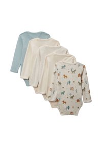 Ensemble de quatre bodys en coton doux à manches longues : un bleu clair, trois crème avec des motifs d'animaux variés dans des couleurs sourdes et des designs simples.