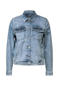Veste en denim bleu clair avec un col, deux poches poitrine et une fermeture à boutons sur le devant. Elle présente un design classique et un tissu texturé.