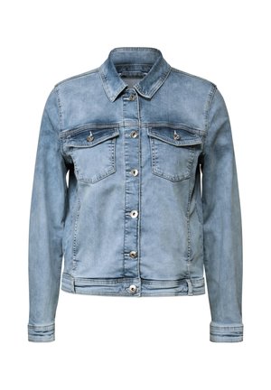 Light blue denim jacket with a collar, two chest pockets, and front button closure. Features a classic design and textured fabric.