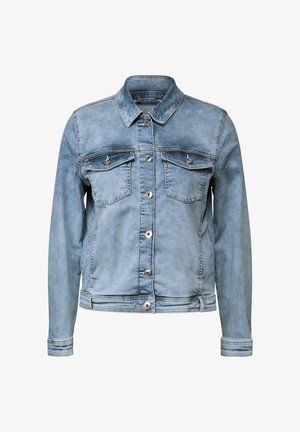 Giacca in denim azzurro chiaro con colletto, due tasche sul petto e chiusura a bottoni frontale. Presenta un design classico e un tessuto texturizzato.