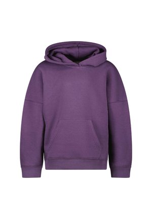 Paarse katoenen hoodie met een voorkantzak, ribgebreide manchetten en zoom, met een zachte textuur en een grote capuchon.