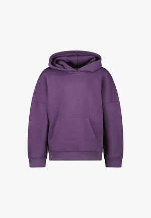 Paarse katoenen hoodie met een voorkantzak, ribgebreide manchetten en zoom, met een zachte textuur en een grote capuchon.