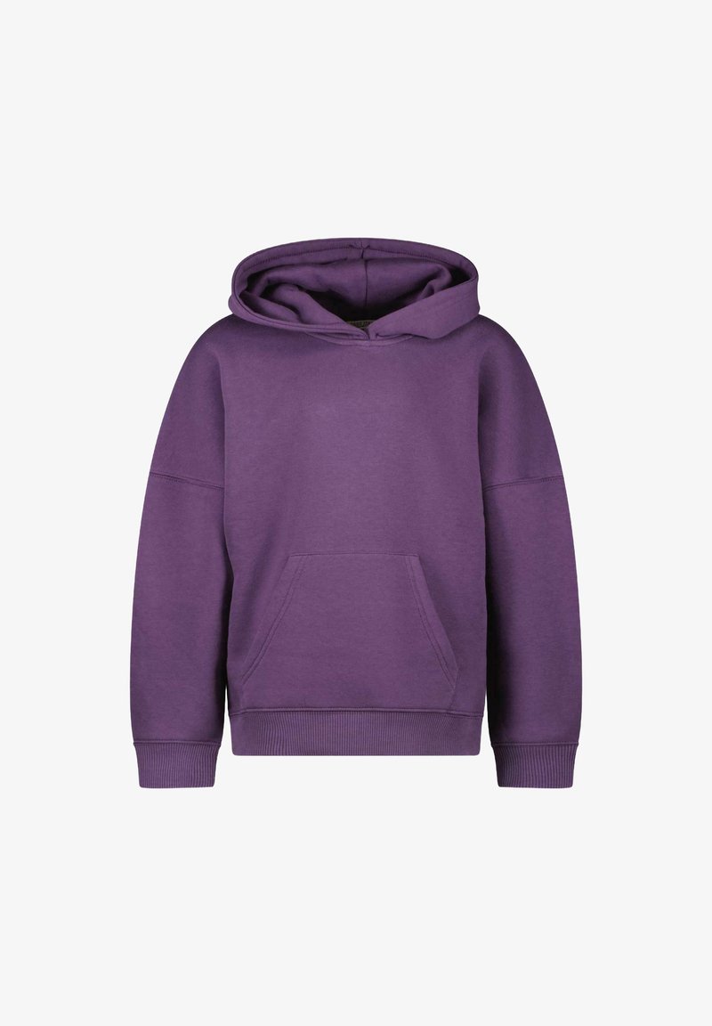 Paarse katoenen hoodie met een voorkantzak, ribgebreide manchetten en zoom, met een zachte textuur en een grote capuchon.