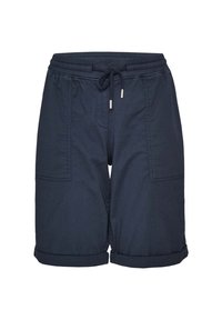 Granatowe szorty wykonane z materiału, z elastycznym paskiem w talii, regulowanym sznurkiem i dwoma dużymi kieszeniami bocznymi; zrolowane wykończenie.