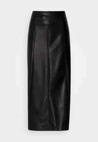 Fekete bőr midi szoknya, testhezálló derékkal, sima textúrával, látható varrási részletekkel és egyenes sziluettel. Díszítés nélkül.