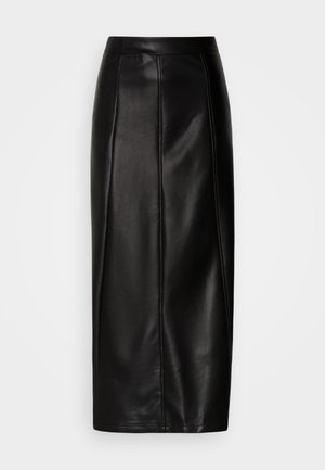 Zwarte leren midi-rok met een aansluitende taille, een gladde textuur, zichtbare naden en een rechte silhouet. Geen versieringen aanwezig.