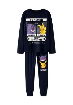 Pyjama bleu foncé à manches longues avec les personnages Pokémon Gengar et Pikachu et le texte "Ready for Battle" sur le haut et le pantalon.