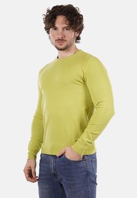 Uomo con capelli ricci che indossa un maglione a maniche lunghe di colore verde chiaro e jeans blu, in piedi con una mano in tasca.