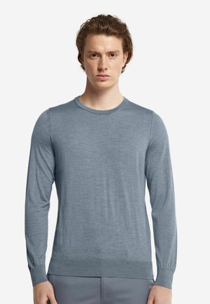 Helles blauer Pullover mit langen Ärmeln, aus weichem Stoff gefertigt, hat einen Rundhalsausschnitt, gerippte Bündchen und eine glatte Textur mit einem figurbetonten Schnitt.