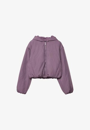 Purple cropped puffer jacket with hood, front zipper, long sleeves, and elasticated cuffs and hem.