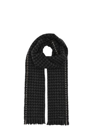 Black and dark gray houndstooth patterned scarf with fringed ends and a small "bugatti" label on one side.
