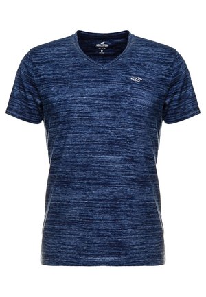 Herren T-Shirt mit kurzen Ärmeln in marineblau meliert, V-Ausschnitt und kleinem weißen Hollister-Logo auf der linken Brust.
