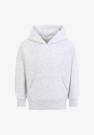 Felpa con cappuccio grigia, dotata di tasca frontale, texture morbida, vestibilità oversize e testo ricamato rosa sul petto. Presenta un cappuccio con cordini.