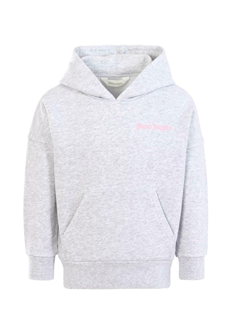 Felpa con cappuccio grigia, dotata di tasca frontale, texture morbida, vestibilità oversize e testo ricamato rosa sul petto. Presenta un cappuccio con cordini.