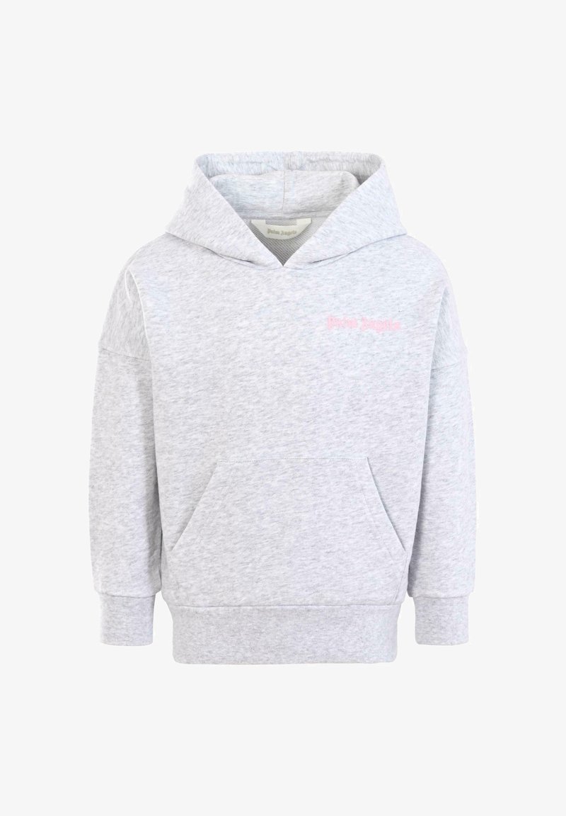 Felpa con cappuccio grigia, dotata di tasca frontale, texture morbida, vestibilità oversize e testo ricamato rosa sul petto. Presenta un cappuccio con cordini.