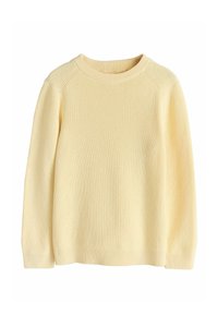 Gul strikket sweater med rund halsudskæring, ribstrikkede manchetter og kant samt en glat tekstur. Klassisk design, der er velegnet til lag-på-lag.