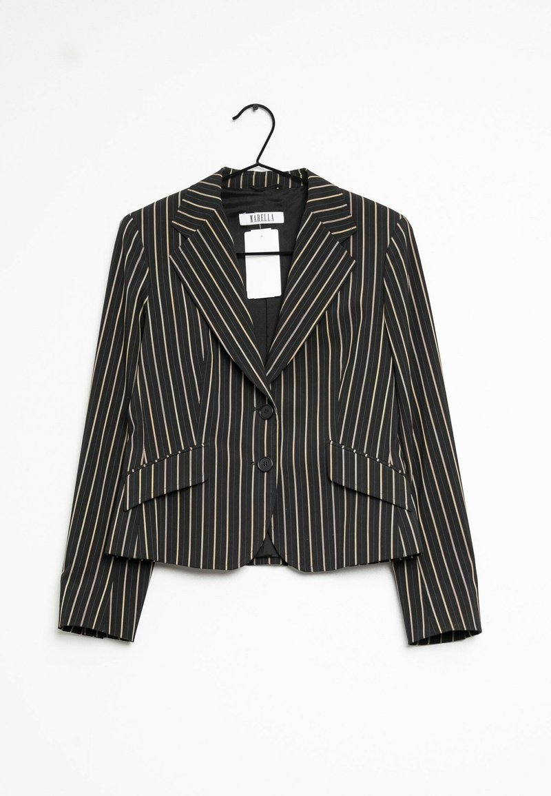 Blazer noir avec des rayures verticales dorées et beiges. Dispose d'un col cranté, de deux boutons et de deux poches avant. Tissu texturé.