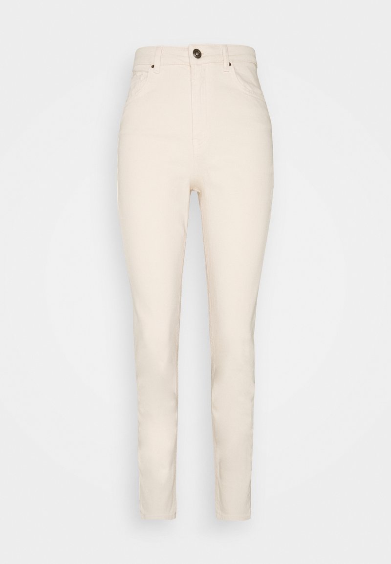 Beiga högmidjade jeans med smal passform. Tillverkade av denim, med en framknäppning och standard femfickorsdesign.