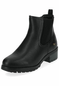 Bottines noires en cuir synthétique texturé. Dotées de panneaux latéraux élastiques, d'une languette de traction et d'un petit talon bloc avec semelle antidérapante.