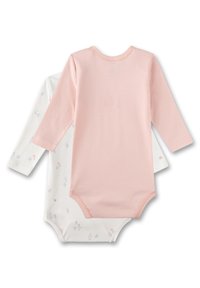 Due bodysuit a manica lunga: uno di un rosa pastello uniforme e uno bianco con piccoli motivi floreali colorati; tessuto di cotone morbido, chiusure a pressione sul fondo.