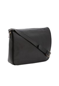 Borsa a tracolla nera in pelle con chiusura a pattina, tracolla regolabile e design minimalista. Texture liscia con una leggera lucentezza e dettagli in metallo dorato.