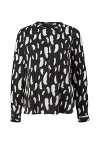 Blouse noire avec un motif en coups de pinceau blancs, manches longues, encolure ronde et fermeture éclair sur le devant. Tissu doux avec une texture lisse.