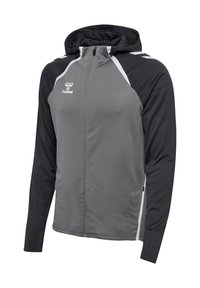 Giacca sportiva grigia e nera con cappuccio, realizzata in tessuto liscio, con dettagli bianchi e chiusura a zip. Logo sul petto.
