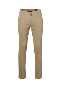 Beige Chinos aus Baumwolle, mit schmaler Passform, Vordertaschen und einem Knopfverschluss mit Reißverschluss. Klare Linien und keine sichtbaren Muster.