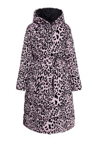 Pinker Leopard-Print-Puffer-Jacke mit taillierter Silhouette, langen Ärmeln und Kapuze. Verfügt über gesteppten Bereiche und eine Frontbefestigung.