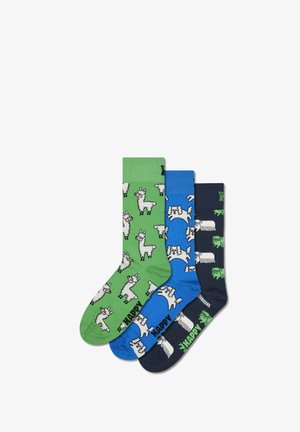 Drei Paar Baumwollsocken: grün mit weißen Lamas, blau mit verspielten Mustern und marineblau mit grünen Akzenten, alle mit Text.