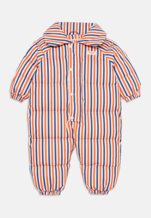 Striped puffer suit in orange, blue, and white. Features a large collar, button front, and elasticized cuffs. Soft quilted texture.