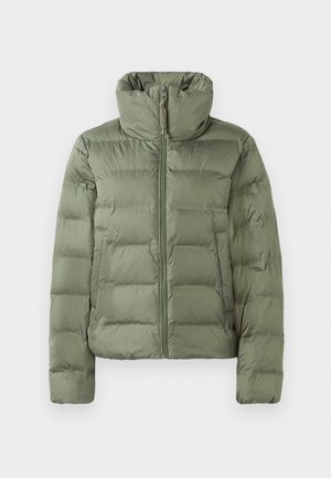 Olive green puffer jacket with high collar, horizontal quilting, front zipper, and side pockets on a plain white background.