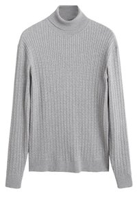 Suéter de cuello alto gris con costillas y mangas largas. Presenta un patrón de punto texturizado y una silueta ceñida, confeccionado con una tela suave.