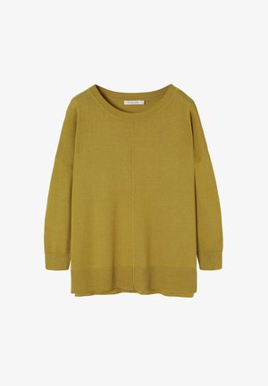 Suéter de punto color mostaza con un amplio escote redondo, hombros caídos y puños y dobladillo acanalados. Presenta un detalle de diseño texturizado.