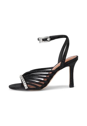 Black high-heeled sandal with rhinestone embellishments on straps and buckle, open toes, and a slim stiletto heel.