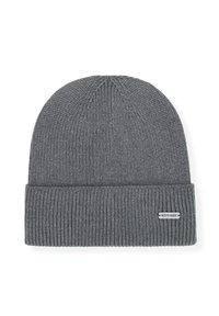 Cappellino a maglia grigio con risvolto, realizzato in materiale testurizzato. Presenta una piccola targhetta metallica del marchio sul lato.