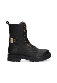 Botte en cuir noir à lacets avec une finition texturée, accents en matériel doré, col rembourré et semelle robuste pour une meilleure traction.
