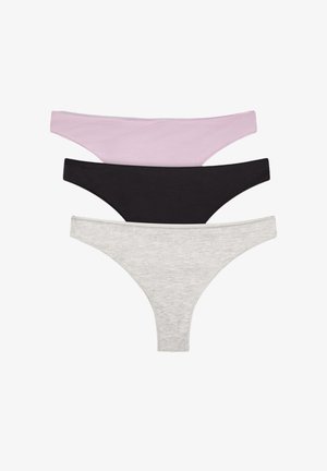 Tre paia di tanga in rosa pallido, nero e grigio chiaro. Realizzati in tessuto morbido ed elastico con un design semplice e senza motivi visibili.